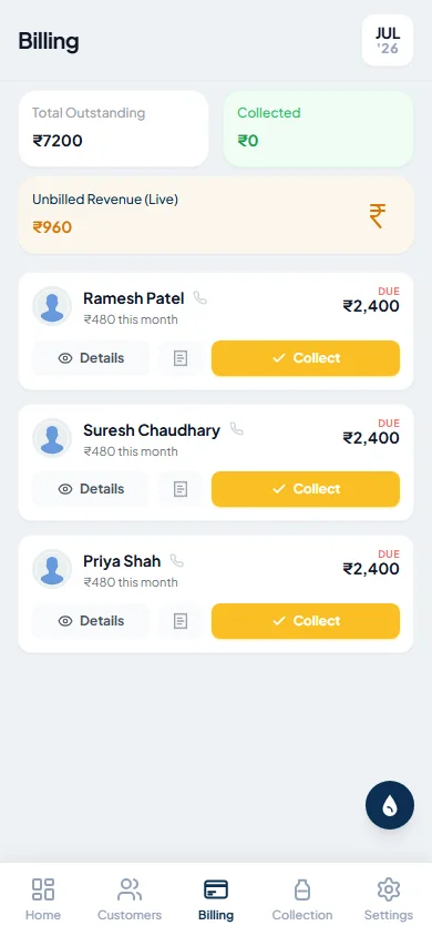 MilkMate dashboard showing the list of monthly bills for all customers