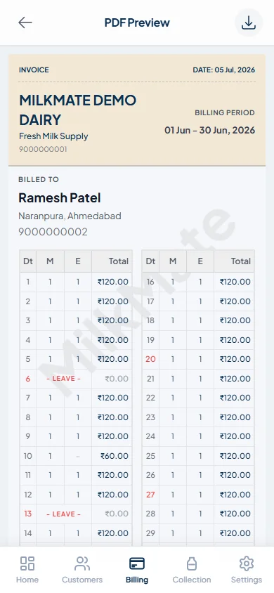 MilkMate milk billing app showing an auto-generated monthly bill PDF preview