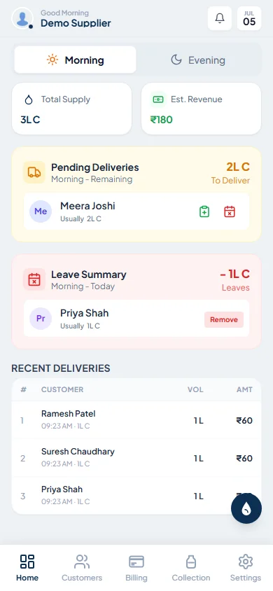 MilkMate one-tap daily milk delivery entry screen