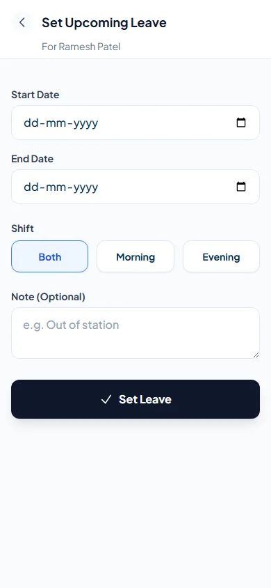 MilkMate customer leave and holiday calendar screen